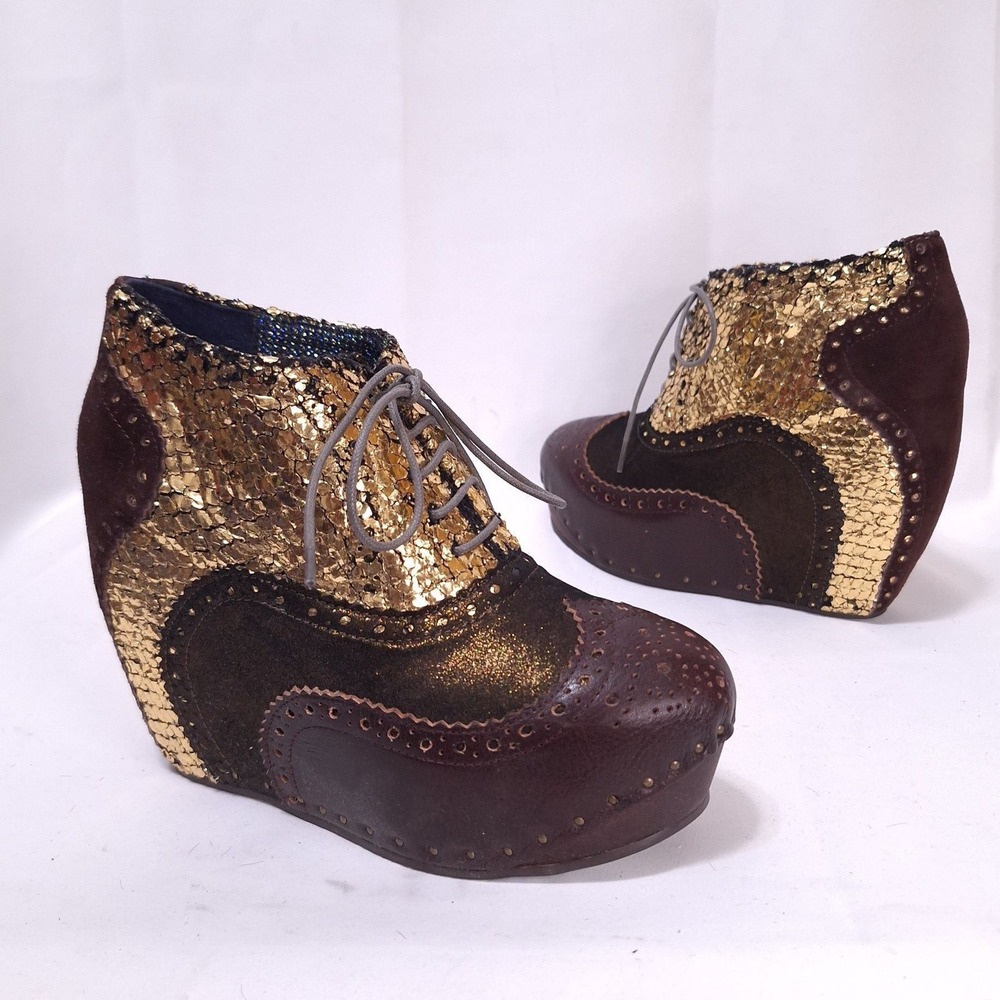 Irregular Choice‎ What An Angel Brown Gold Suede Leather Wedge Booties Sz 6.5